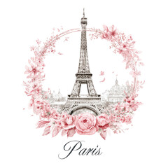 Fototapeta premium Parisian floral wreath design. Eiffel Tower in a delicate pink floral wreath
