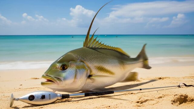 Roosterfish on Tropical Beach - A large roosterfish with its distinctive dorsal fin raised lies on a sandy beach next to a fishing rod. The turquoise ocean and bright sky create a vibrant background.