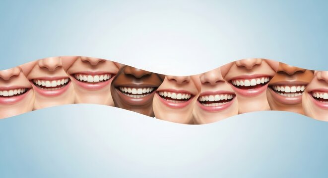 A diverse collection of smiling mouths and healthy teeth in a wavy pattern