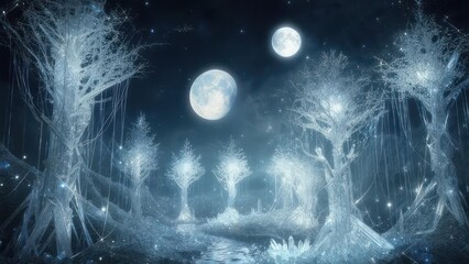 Twin Moons Illuminate a Sparkling, Otherworldly Crystal Grove