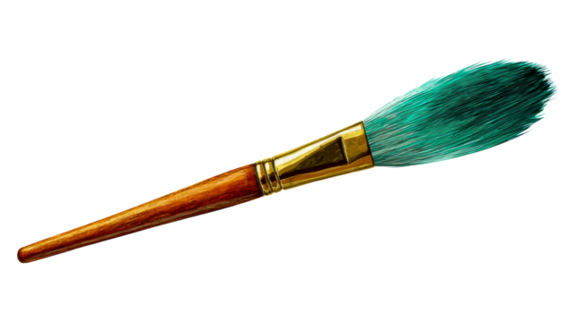 Single Paintbrush with Teal Bristles and Wooden Handle