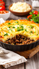 Shepherds Pie with rustic kitchen table.