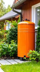 Orange Rain Barrel with Garden, and Home.