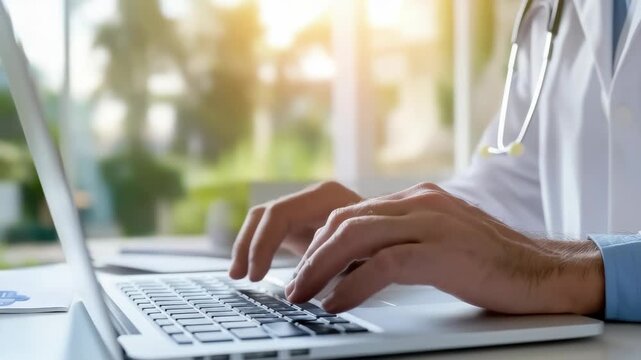 Medical professional task: doctor workflow, computer usage, patient file, record analysis, healthcare support, digital platform, system access, treatment data, modern method, clinical operation, care