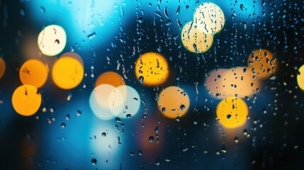 raindrops on a window, night city lights, blurry lights, a blue color scheme, depth of field, phone wallpaper in the style of night city lights, blurry lights, a blue color scheme, depth of field