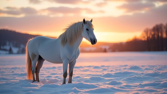 White horse in a peaceful snowy landscape, with soft orange and pink hues of sunset in the background.