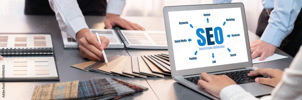Poster seo search engine optimization for brisk e-commerce and online retail business showing on computer s