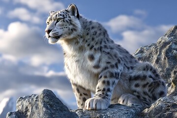 Obraz premium Snow leopard sitting on rocky ledge against blue sky with clouds, showing spotted fur and strong build in natural mountain habitat.