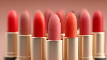 Elegant array of lipsticks in warm red and pink tones with a textured matte bullet in sharp focus.