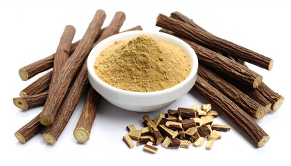 Licorice root with powder, pieces, and white.