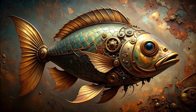Detailed steampunk fish with intricate mechanisms.