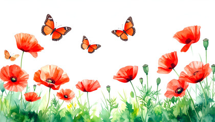Red Poppies with Butterflies, and Watercolor.