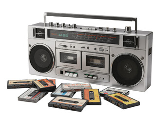 Obraz premium Retro Vibes A Silver Boombox and Cassette Tapes Evoking Nostalgia and the Golden Era of Music