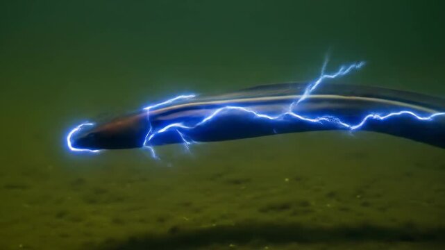Electric Eel Generating Blue Electricity Underwater - A sleek electric eel swims underwater, its body surrounded by a vibrant blue electrical aura.