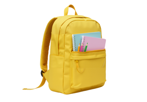 A bright yellow backpack filled with school supplies, ready for adventure and learning