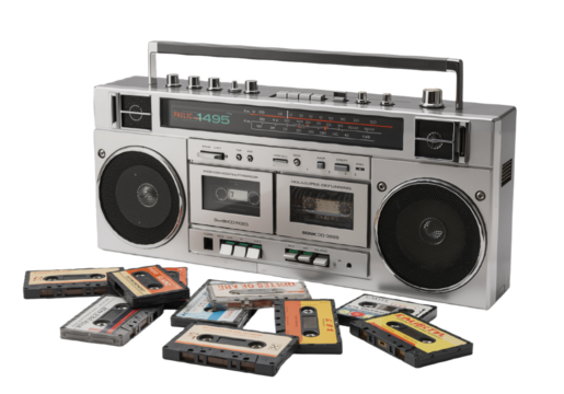Retro Vibes A Silver Boombox and Cassette Tapes Evoking Nostalgia and the Golden Era of Music
