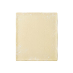 Pristine raw puff pastry dough, pale golden-yellow, smooth, flour-dusted, sharp edges, centered on a transparent background, top-down view, concept of raw culinary ingredient