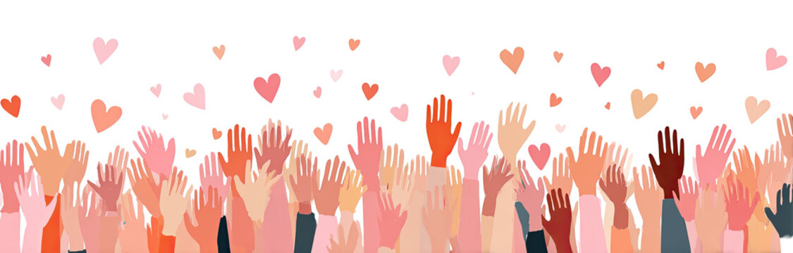 Many hands reaching up, hearts flying