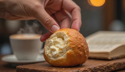 Close up of hands splitting a soft and fluffy Thai milk bun, revealing the creamy filling inside.