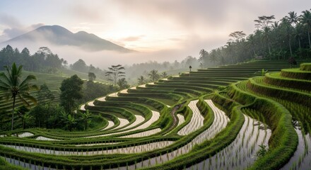Lush Green Rice Terraces Under a Misty Sky at Sunrise