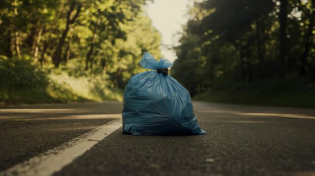 Blue plastic garbage bag placed on empty asphalt road surrounded by lush green trees in natural outdoor environment at sunset

