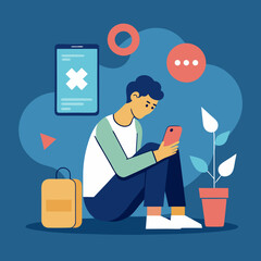 Young man glued to his phone with a failed connection symbol and abstract shapes suggesting isolation