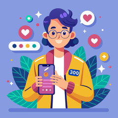 Smiling person with glasses holding a smartphone displaying social media likes and engagement metrics against a purple background