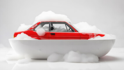 car wash concept. red car in bathtub with foam on white background