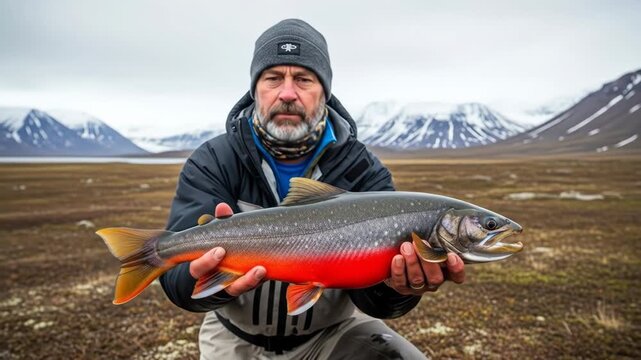 Angler Holding Vibrant Arctic Char in Northern Wilderness - A seasoned angler proudly displays a vibrant Arctic Char against a backdrop of a remote northern landscape.