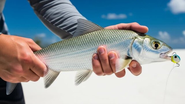 Angler Gently Holding Bonefish on Flats - Close-up view of a fisherman's hands carefully holding a silvery bonefish, recently caught on a fly fishing lure.