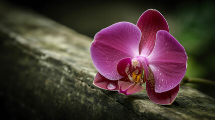 Closeup of a vibrant purple orchid flower resting on a weathered wooden surface