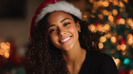 Christmas and New Year portrait beautiful smiling African American girl in Santa hat near Christmas tree, Smiling young black woman with curly hair looking at camera

