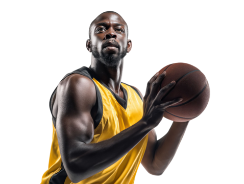 PNG of A strong Black male basketball player prepares to shoot, showcasing athleticism and determination against a dark background.