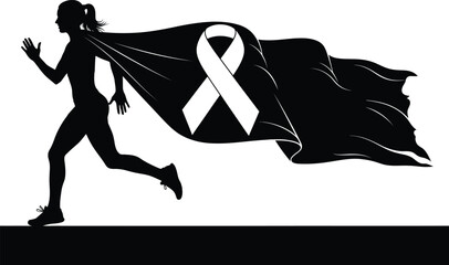 Breast cancer awareness month vector art of silhouette of a woman running with a ribbon cape, isolated on white background, symbolizing cancer awareness and support vector eps