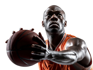 PNG of A determined Black male basketball player poised for a shot, showcasing strength and focus against a dark backdrop.