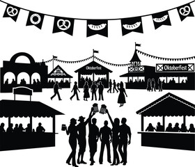 Breast cancer awareness month vector art of oktoberfest celebration with people gathering, beer, tents, and decorations isolated on white background vector eps