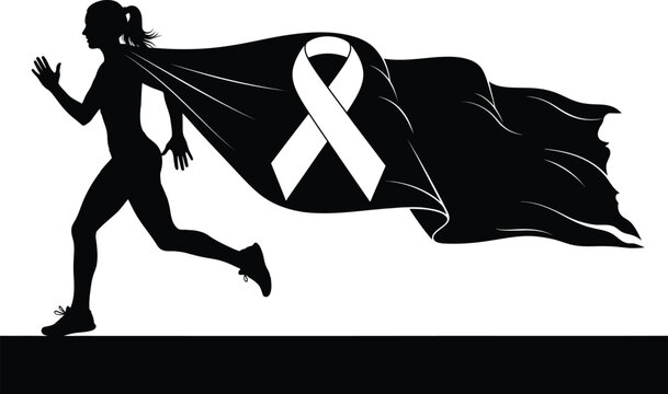 Breast cancer awareness month vector art of silhouette of a woman running with a ribbon cape, isolated on white background, symbolizing cancer awareness and support vector eps