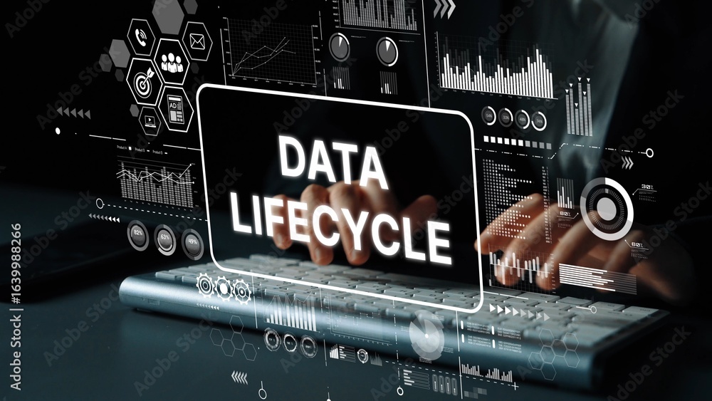 Poster data lifecycle management concept with digital graphics and keyboard in dark environment for tech an