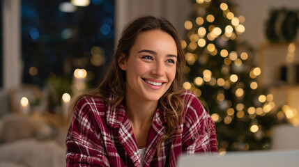 Christmas online congratulations. Smiling woman using mobile phone for video call friends and parents.

