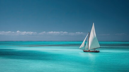 Obraz premium Wide shot of a sailboat on a clear blue ocean under a sunny sky, minimalistic composition