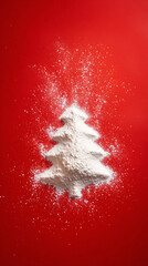 Christmas tree in shape 2026 made of white flour on red background. Christmas bakery and cooking creative minimal concept. Flat lay top view composition. Copyspace 
