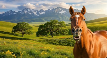 Fototapeta premium Playful Horse in a Lush Meadow with Mountains