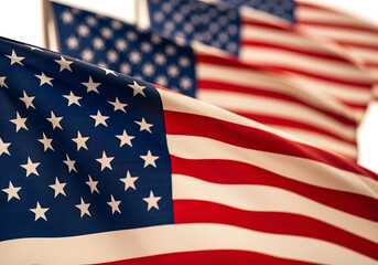 Fototapeta premium Waving American Flags Red White Blue Stars Stripes Fabric united states