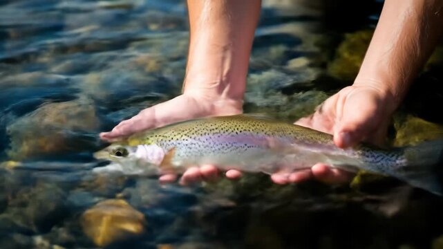 Angler Releasing Rainbow Trout in River - Close-up view of a fisherman's hands gently releasing a vibrant rainbow trout back into a clear river.