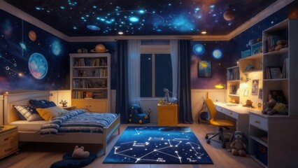 Whimsical Child's Bedroom with Celestial Theme, Starry Ceiling, and Constellation Rug