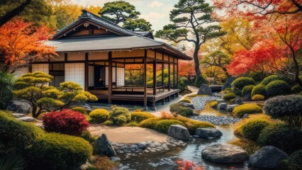 Obraz premium Whispers of Autumn: A Serene Japanese Pavilion and Garden in Full Seasonal Splendor.