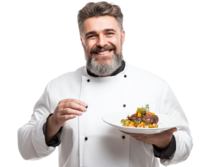 PNG of A joyful middle-aged Caucasian male chef proudly presents a gourmet dish, showcasing his culinary skills.