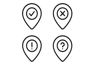 Set of isolated outline map pin icons with status symbols
