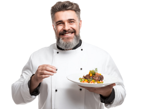 PNG of A joyful middle-aged Caucasian male chef proudly presents a gourmet dish, showcasing his culinary skills.