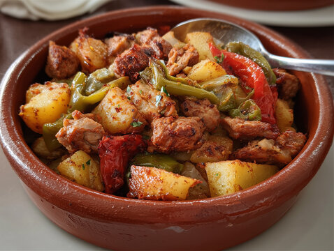 Zorza gallega servida en cazuela de barro con patatas doradas y pimientos verdes y rojos, receta tradicional de carne de cerdo sazonada. Fuancho. Comida t&iacute;pica gallega. Gastronom&iacute;a de Galicia. Plato